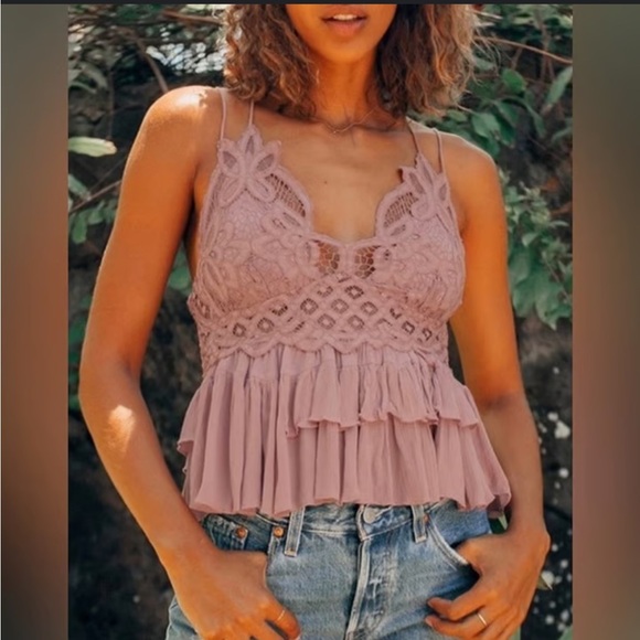 Free people adella mauve lace ruffle boho summer cami crop top - Picture 2 of 6
